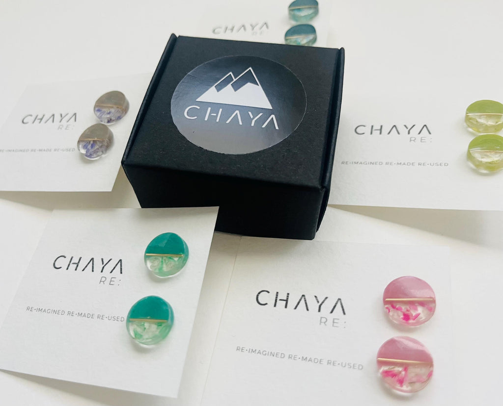 Chaya RE earrings with packaging on a white background